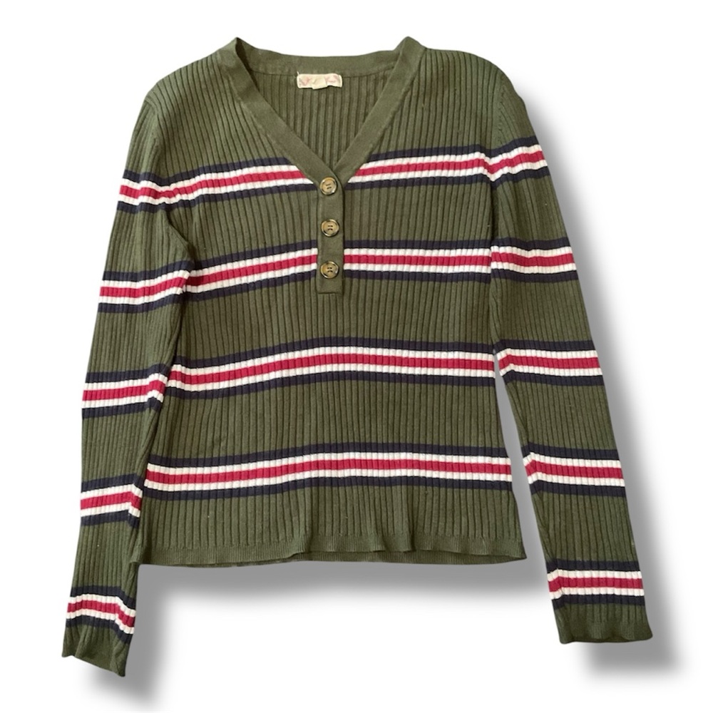 Olive Green Striped V-Neck Sweater